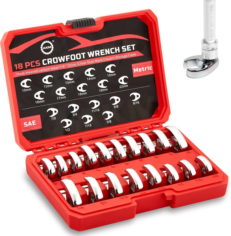 AKM 3/8" Drive Crowfoot Wrench Set, 18-Piece Cr-v Steel Flare Nut Wrench Set, 6 Point Flare Nut Crowfoot, Fully Polished Clear Mark SAE 3/8"-7/8" & Metric 10-22mm with Organizer Box - Image 1